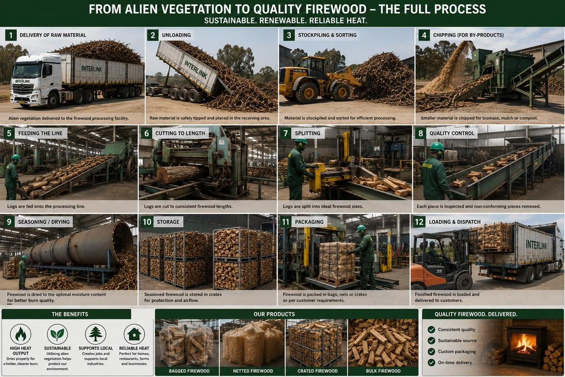 Delivery of raw material, unloading, stockpiling and sorting, chipping for by-products, feeding the line, cutting to length, splitting, quality control, seasoning and drying, storage, packaging, loading and dispatch.