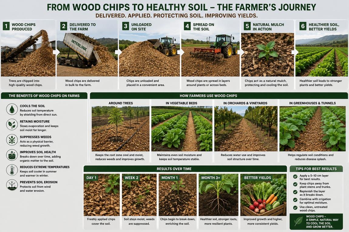 Wood chips produced, delivered to the farm, unloaded on site, spread on the soil, acting as a natural mulch — and the healthier soil and better yields that follow.