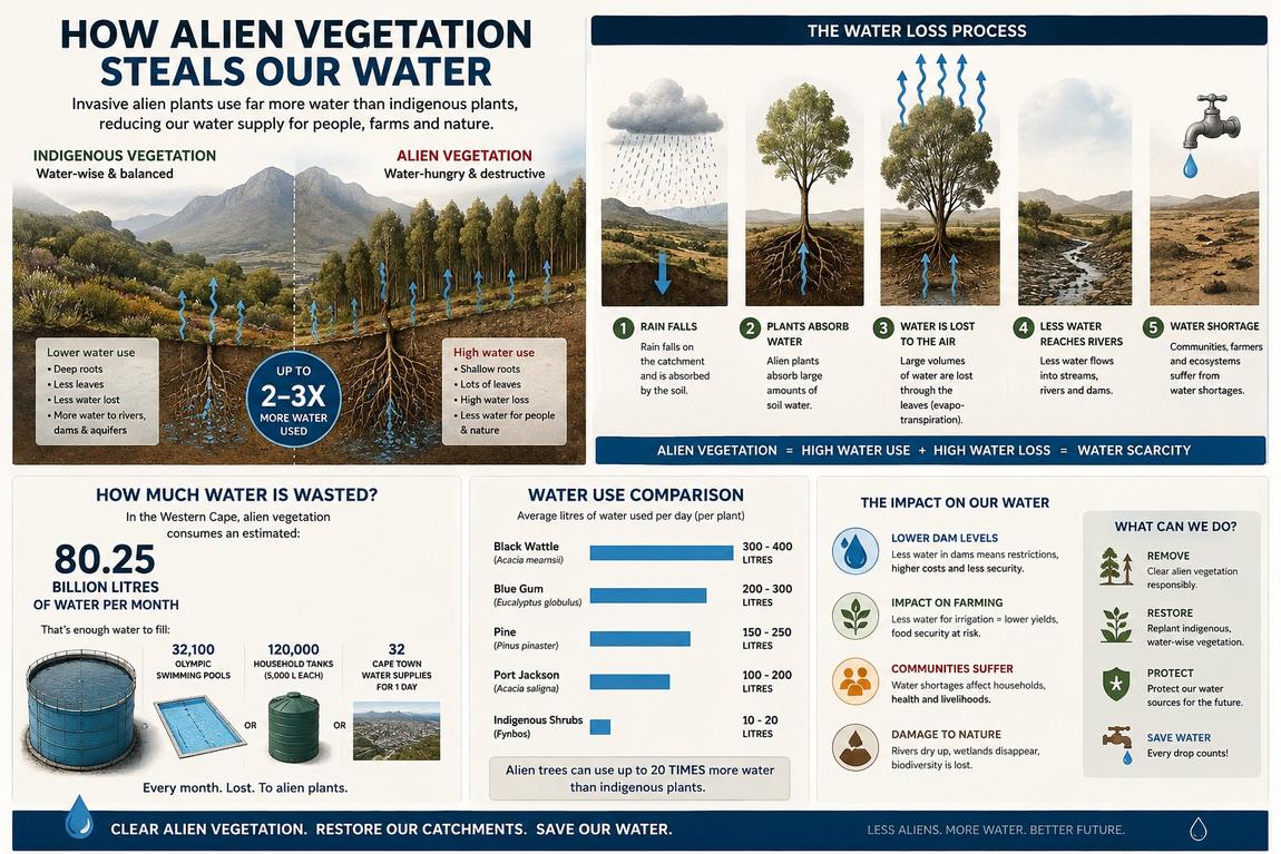 How alien vegetation steals our water: the water loss process from rainfall to shortage, how much is wasted, a water-use comparison by species, the impact on dams, farming and communities, and what can be done.